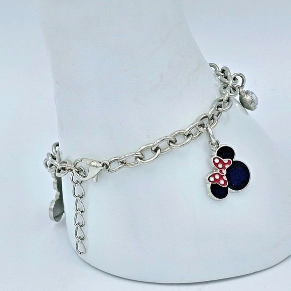 Disney Charm Bracelet Mickey Minnie Mouse Rhinestone Dangle - Picture 7 of 8